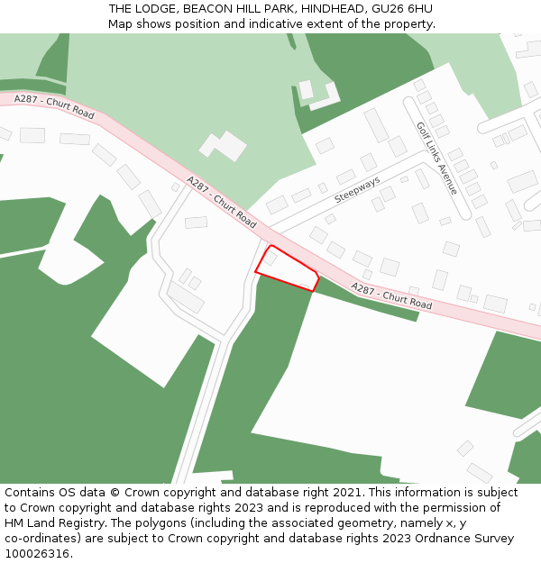 THE LODGE, BEACON HILL PARK, HINDHEAD, GU26 6HU: Location map and indicative extent of plot