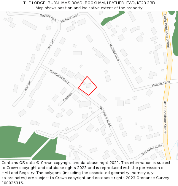 THE LODGE, BURNHAMS ROAD, BOOKHAM, LEATHERHEAD, KT23 3BB: Location map and indicative extent of plot