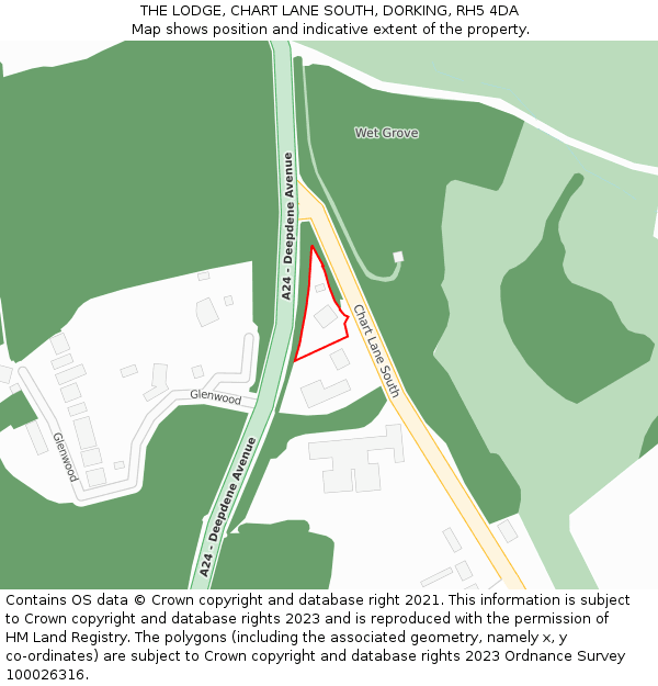 THE LODGE, CHART LANE SOUTH, DORKING, RH5 4DA: Location map and indicative extent of plot