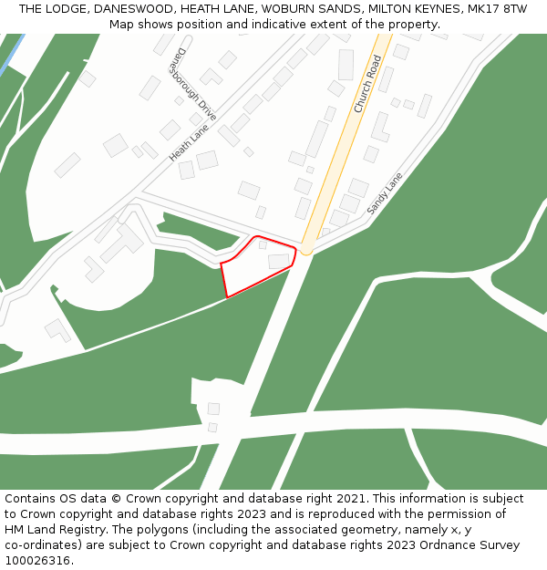 THE LODGE, DANESWOOD, HEATH LANE, WOBURN SANDS, MILTON KEYNES, MK17 8TW: Location map and indicative extent of plot