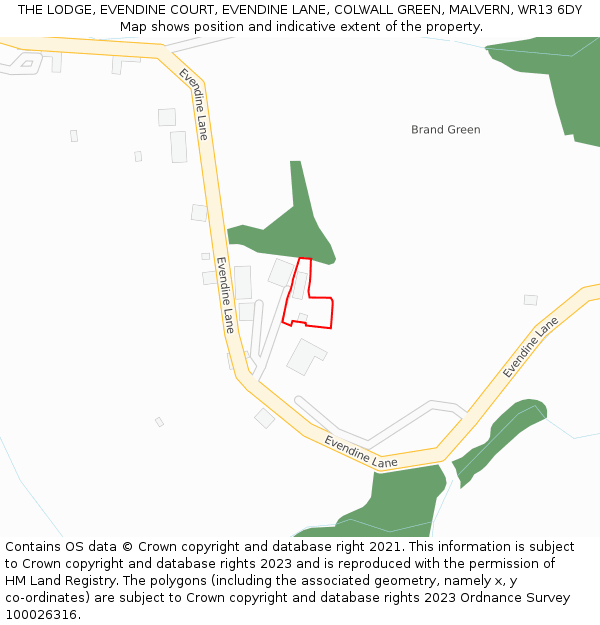 THE LODGE, EVENDINE COURT, EVENDINE LANE, COLWALL GREEN, MALVERN, WR13 6DY: Location map and indicative extent of plot