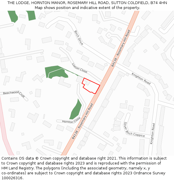 THE LODGE, HORNTON MANOR, ROSEMARY HILL ROAD, SUTTON COLDFIELD, B74 4HN: Location map and indicative extent of plot