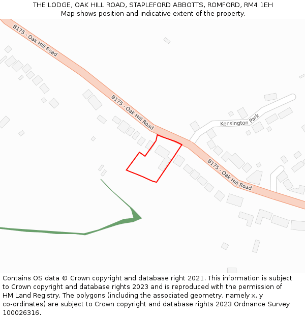 THE LODGE, OAK HILL ROAD, STAPLEFORD ABBOTTS, ROMFORD, RM4 1EH: Location map and indicative extent of plot