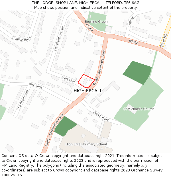 THE LODGE, SHOP LANE, HIGH ERCALL, TELFORD, TF6 6AG: Location map and indicative extent of plot