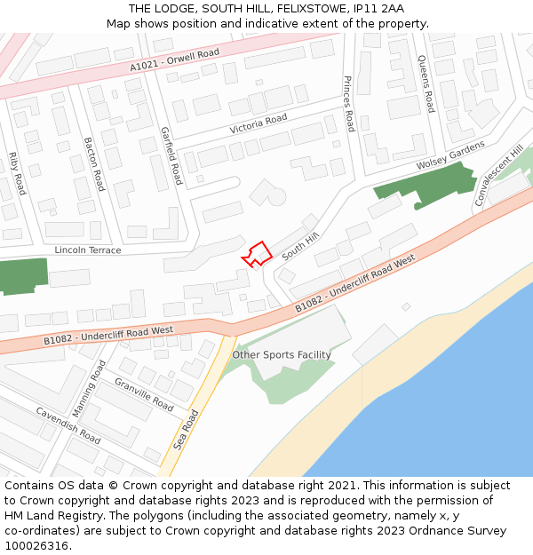 THE LODGE, SOUTH HILL, FELIXSTOWE, IP11 2AA: Location map and indicative extent of plot