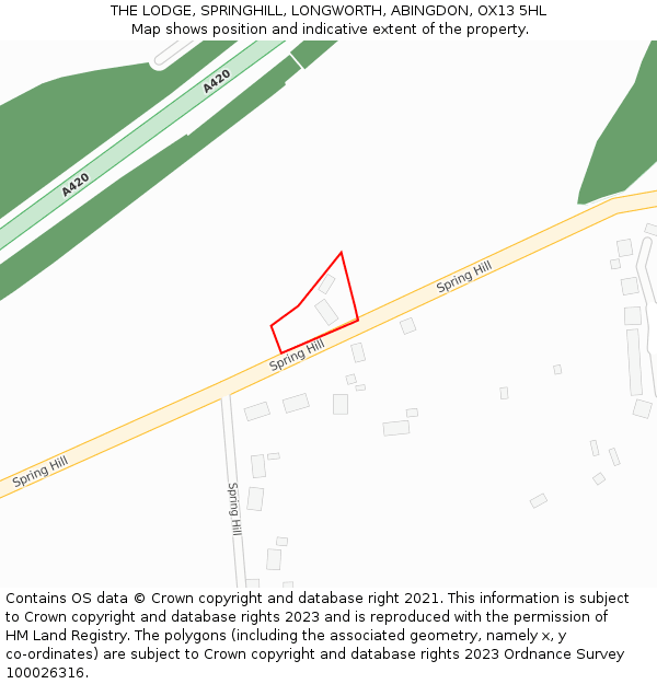 THE LODGE, SPRINGHILL, LONGWORTH, ABINGDON, OX13 5HL: Location map and indicative extent of plot