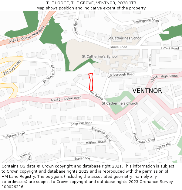 THE LODGE, THE GROVE, VENTNOR, PO38 1TB: Location map and indicative extent of plot