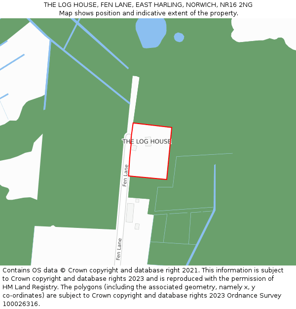 THE LOG HOUSE, FEN LANE, EAST HARLING, NORWICH, NR16 2NG: Location map and indicative extent of plot