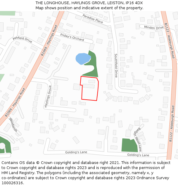 THE LONGHOUSE, HAYLINGS GROVE, LEISTON, IP16 4DX: Location map and indicative extent of plot
