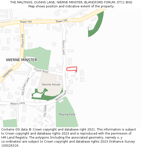 THE MALTINGS, DUNNS LANE, IWERNE MINSTER, BLANDFORD FORUM, DT11 8NG: Location map and indicative extent of plot