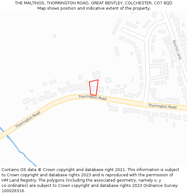 THE MALTINGS, THORRINGTON ROAD, GREAT BENTLEY, COLCHESTER, CO7 8QD: Location map and indicative extent of plot