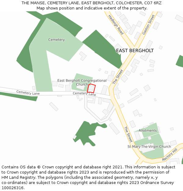THE MANSE, CEMETERY LANE, EAST BERGHOLT, COLCHESTER, CO7 6RZ: Location map and indicative extent of plot
