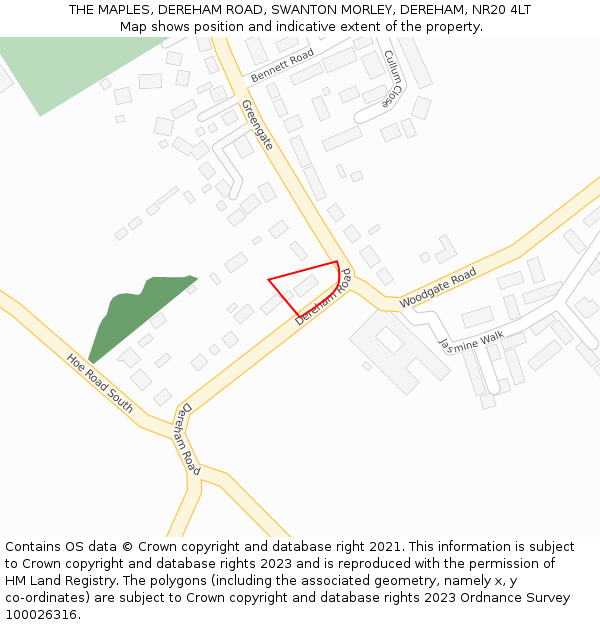 THE MAPLES, DEREHAM ROAD, SWANTON MORLEY, DEREHAM, NR20 4LT: Location map and indicative extent of plot