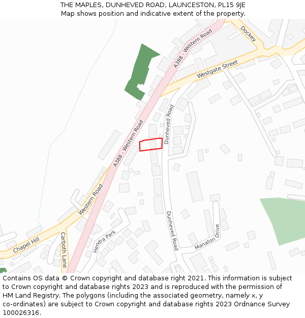 THE MAPLES, DUNHEVED ROAD, LAUNCESTON, PL15 9JE: Location map and indicative extent of plot