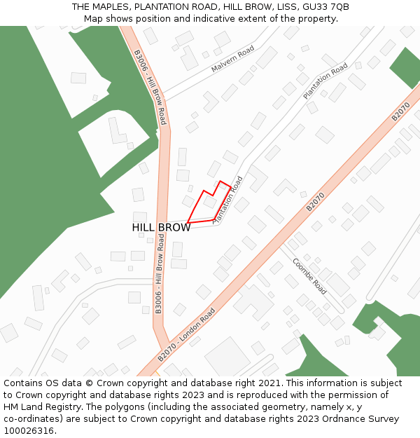 THE MAPLES, PLANTATION ROAD, HILL BROW, LISS, GU33 7QB: Location map and indicative extent of plot