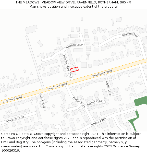 THE MEADOWS, MEADOW VIEW DRIVE, RAVENFIELD, ROTHERHAM, S65 4RJ: Location map and indicative extent of plot