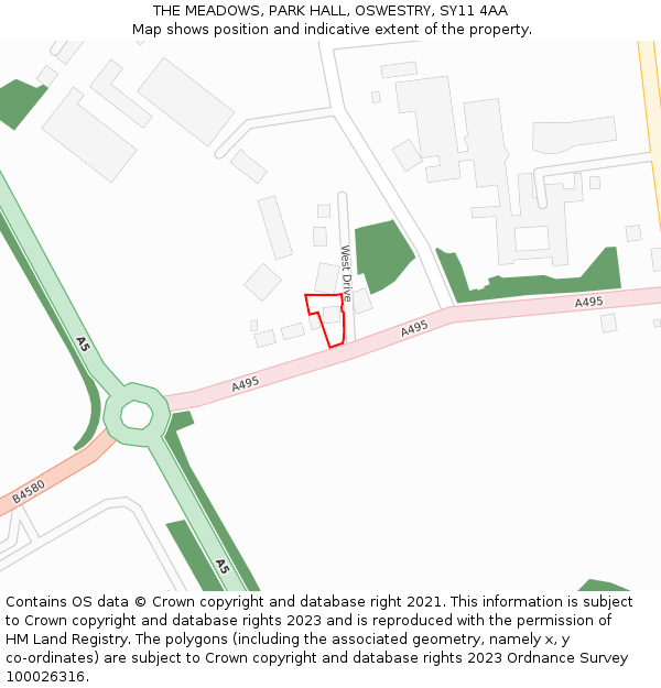 THE MEADOWS, PARK HALL, OSWESTRY, SY11 4AA: Location map and indicative extent of plot