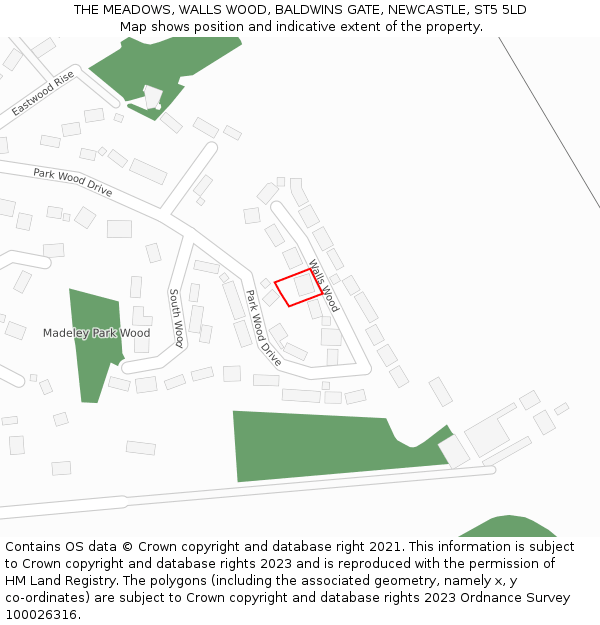 THE MEADOWS, WALLS WOOD, BALDWINS GATE, NEWCASTLE, ST5 5LD: Location map and indicative extent of plot