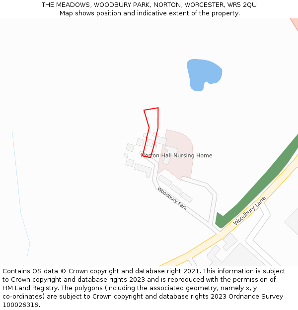 THE MEADOWS, WOODBURY PARK, NORTON, WORCESTER, WR5 2QU: Location map and indicative extent of plot