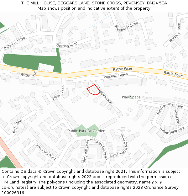 THE MILL HOUSE, BEGGARS LANE, STONE CROSS, PEVENSEY, BN24 5EA: Location map and indicative extent of plot