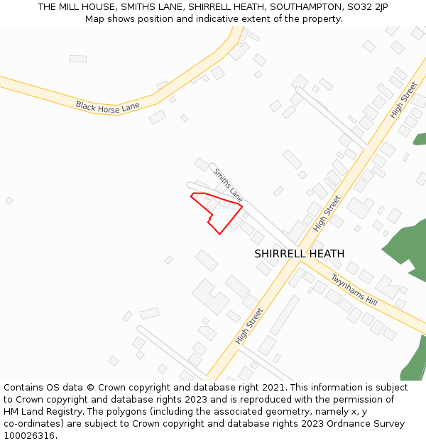 THE MILL HOUSE, SMITHS LANE, SHIRRELL HEATH, SOUTHAMPTON, SO32 2JP: Location map and indicative extent of plot