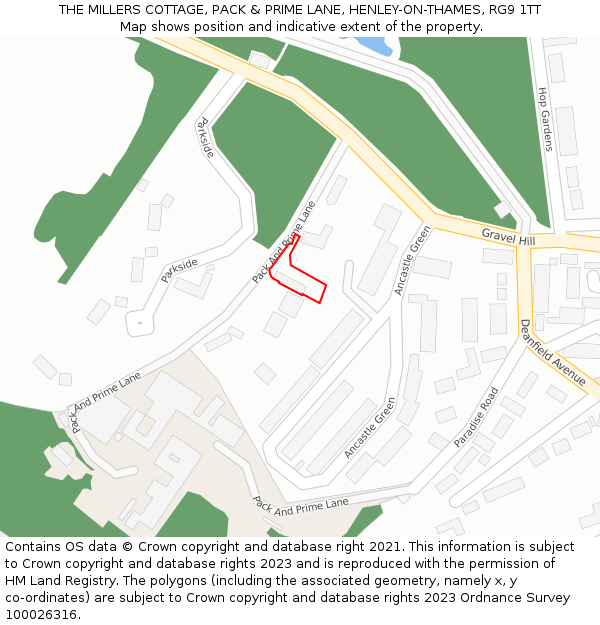 THE MILLERS COTTAGE, PACK & PRIME LANE, HENLEY-ON-THAMES, RG9 1TT: Location map and indicative extent of plot