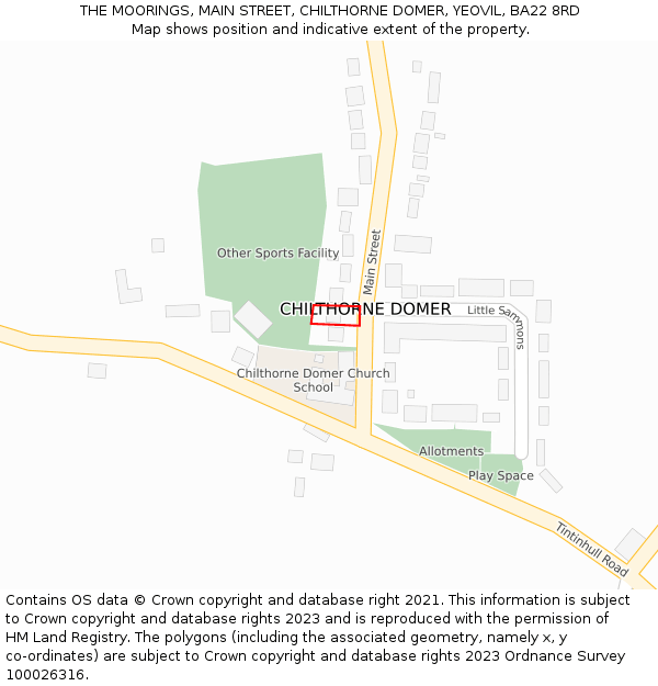 THE MOORINGS, MAIN STREET, CHILTHORNE DOMER, YEOVIL, BA22 8RD: Location map and indicative extent of plot