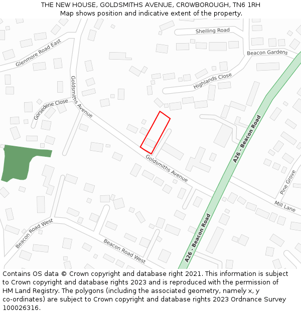 THE NEW HOUSE, GOLDSMITHS AVENUE, CROWBOROUGH, TN6 1RH: Location map and indicative extent of plot