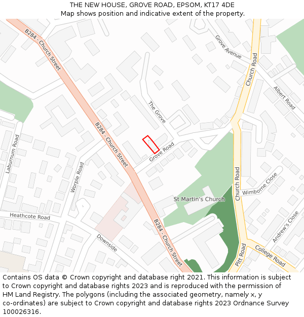 THE NEW HOUSE, GROVE ROAD, EPSOM, KT17 4DE: Location map and indicative extent of plot