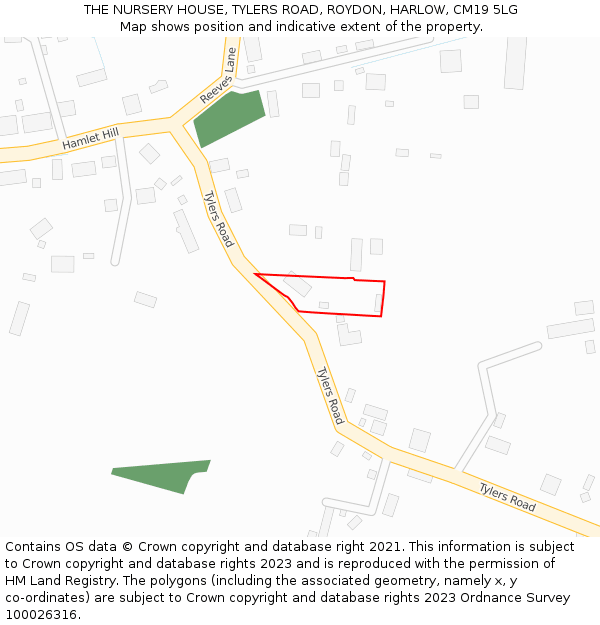 THE NURSERY HOUSE, TYLERS ROAD, ROYDON, HARLOW, CM19 5LG: Location map and indicative extent of plot