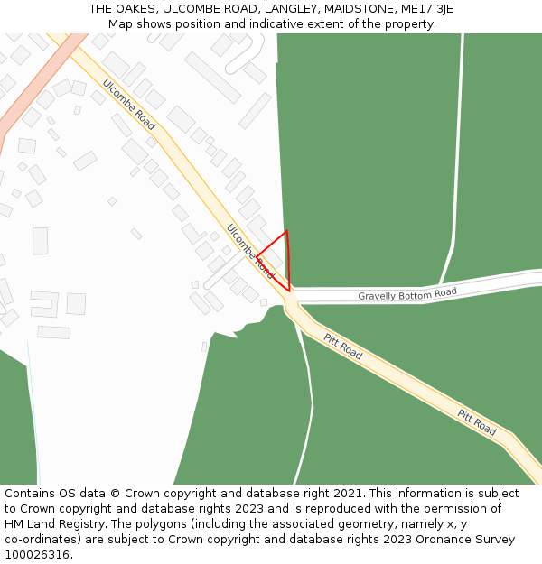 THE OAKES, ULCOMBE ROAD, LANGLEY, MAIDSTONE, ME17 3JE: Location map and indicative extent of plot