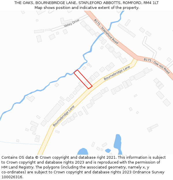 THE OAKS, BOURNEBRIDGE LANE, STAPLEFORD ABBOTTS, ROMFORD, RM4 1LT: Location map and indicative extent of plot