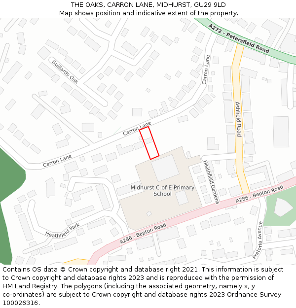 THE OAKS, CARRON LANE, MIDHURST, GU29 9LD: Location map and indicative extent of plot