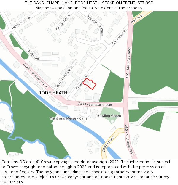 THE OAKS, CHAPEL LANE, RODE HEATH, STOKE-ON-TRENT, ST7 3SD: Location map and indicative extent of plot