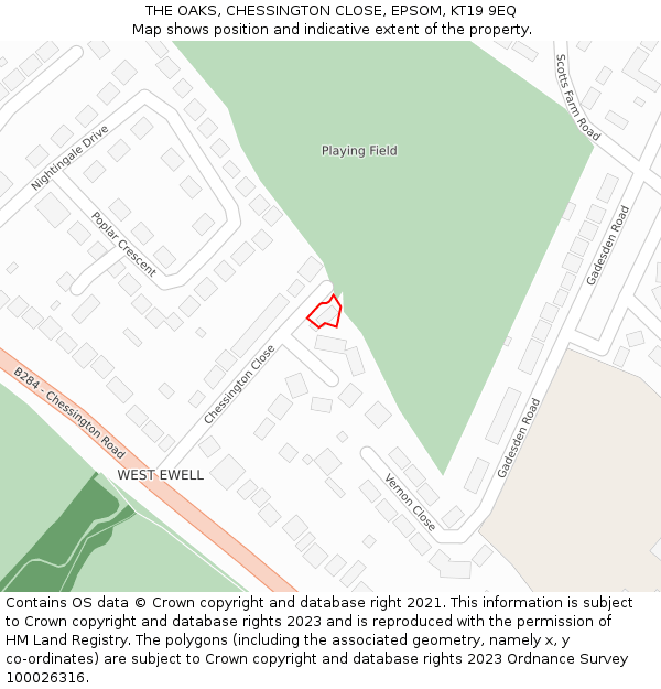 THE OAKS, CHESSINGTON CLOSE, EPSOM, KT19 9EQ: Location map and indicative extent of plot