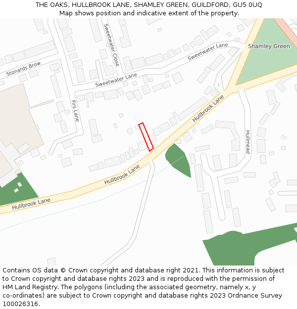 THE OAKS, HULLBROOK LANE, SHAMLEY GREEN, GUILDFORD, GU5 0UQ: Location map and indicative extent of plot