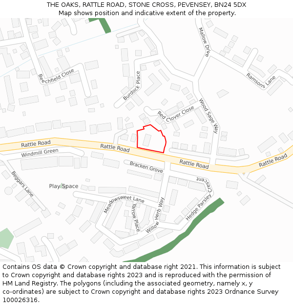 THE OAKS, RATTLE ROAD, STONE CROSS, PEVENSEY, BN24 5DX: Location map and indicative extent of plot