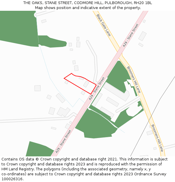 THE OAKS, STANE STREET, CODMORE HILL, PULBOROUGH, RH20 1BL: Location map and indicative extent of plot