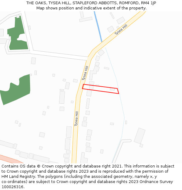 THE OAKS, TYSEA HILL, STAPLEFORD ABBOTTS, ROMFORD, RM4 1JP: Location map and indicative extent of plot