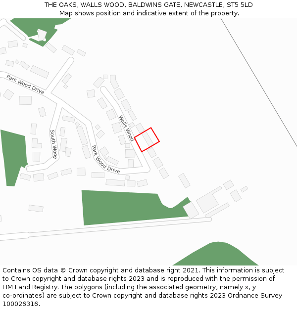 THE OAKS, WALLS WOOD, BALDWINS GATE, NEWCASTLE, ST5 5LD: Location map and indicative extent of plot