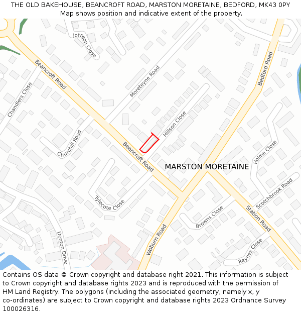 THE OLD BAKEHOUSE, BEANCROFT ROAD, MARSTON MORETAINE, BEDFORD, MK43 0PY: Location map and indicative extent of plot