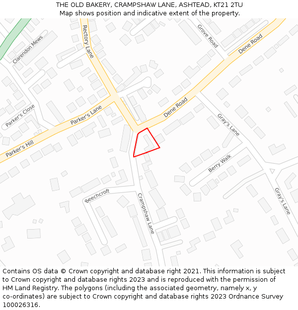 THE OLD BAKERY, CRAMPSHAW LANE, ASHTEAD, KT21 2TU: Location map and indicative extent of plot