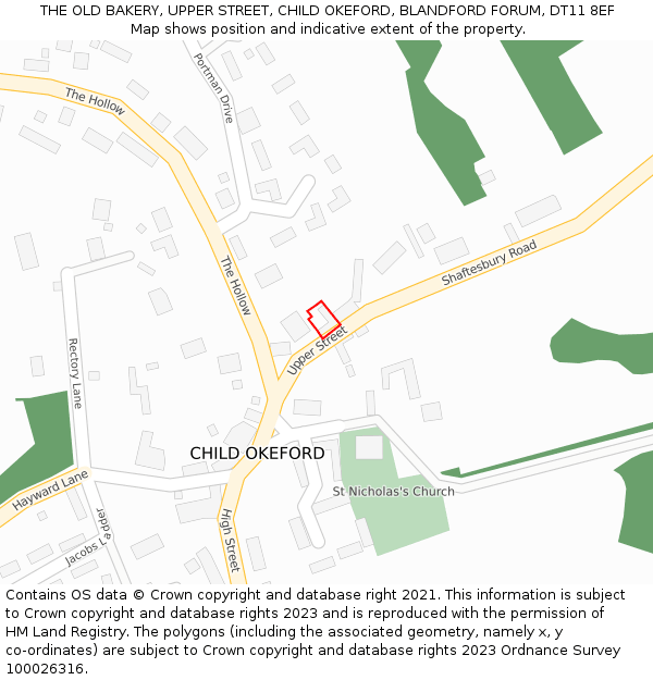 THE OLD BAKERY, UPPER STREET, CHILD OKEFORD, BLANDFORD FORUM, DT11 8EF: Location map and indicative extent of plot