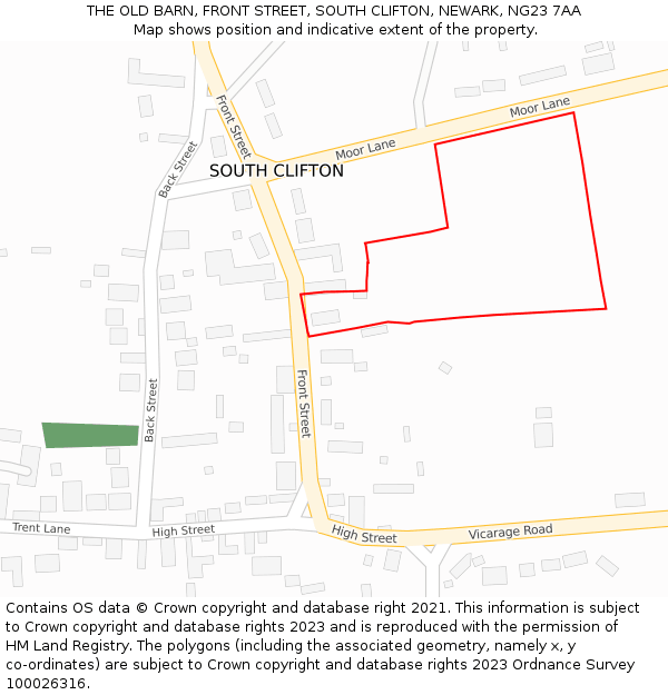 THE OLD BARN, FRONT STREET, SOUTH CLIFTON, NEWARK, NG23 7AA: Location map and indicative extent of plot