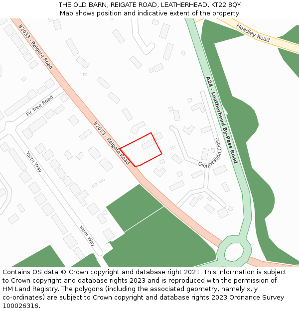 THE OLD BARN, REIGATE ROAD, LEATHERHEAD, KT22 8QY: Location map and indicative extent of plot