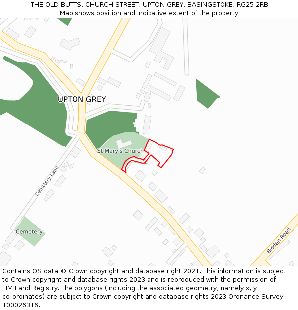 THE OLD BUTTS, CHURCH STREET, UPTON GREY, BASINGSTOKE, RG25 2RB: Location map and indicative extent of plot