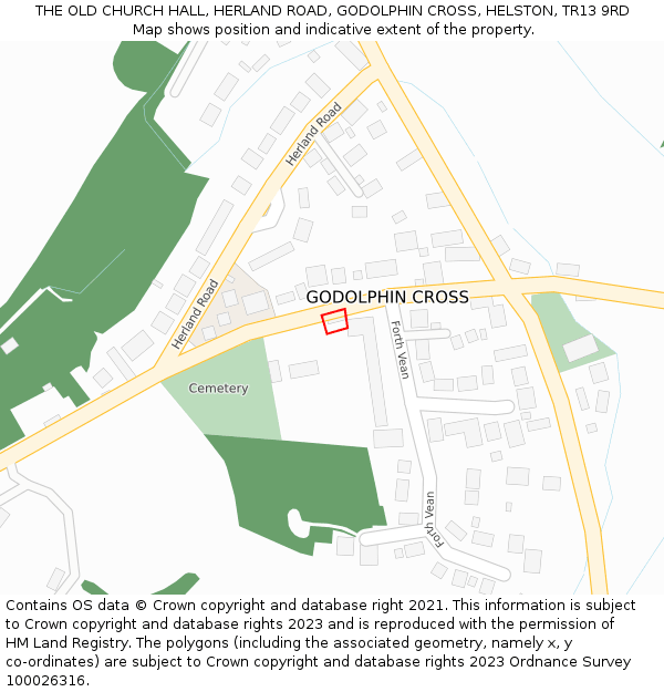 THE OLD CHURCH HALL, HERLAND ROAD, GODOLPHIN CROSS, HELSTON, TR13 9RD: Location map and indicative extent of plot