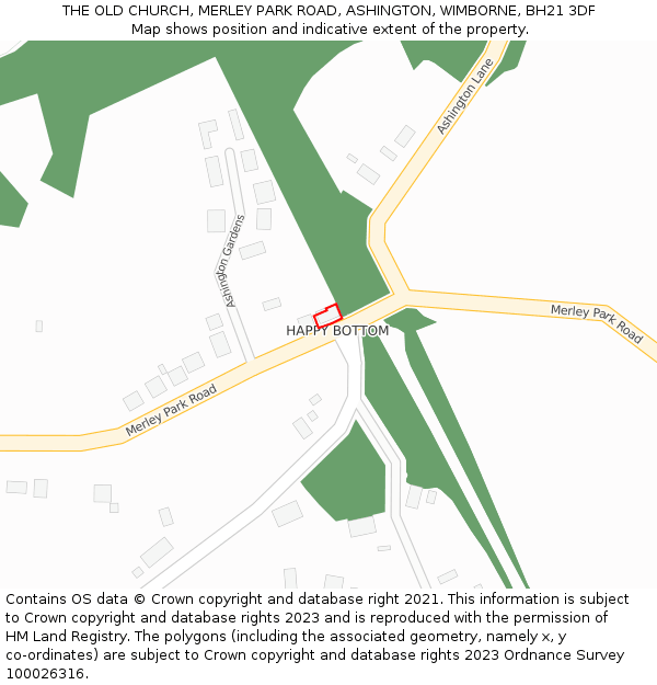 THE OLD CHURCH, MERLEY PARK ROAD, ASHINGTON, WIMBORNE, BH21 3DF: Location map and indicative extent of plot