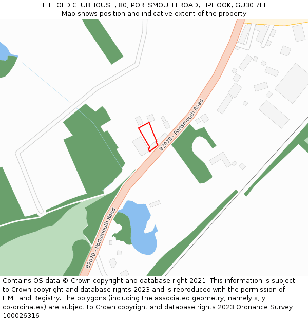 THE OLD CLUBHOUSE, 80, PORTSMOUTH ROAD, LIPHOOK, GU30 7EF: Location map and indicative extent of plot