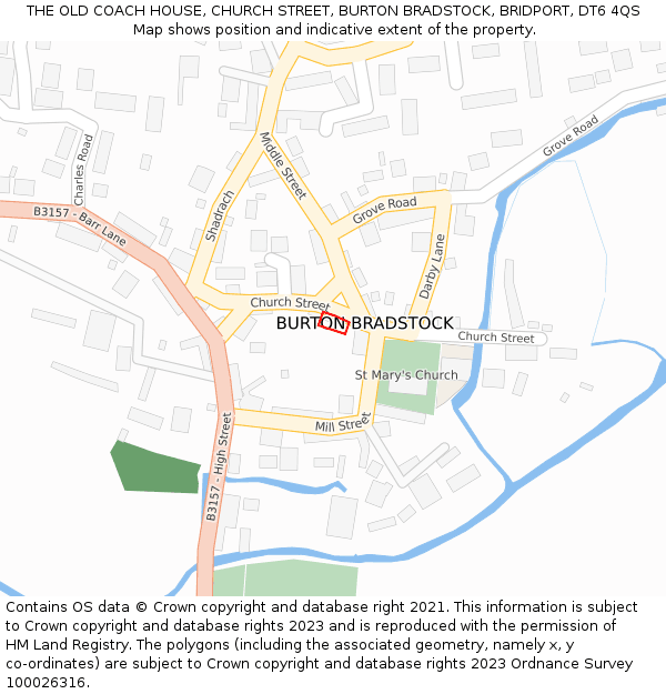 THE OLD COACH HOUSE, CHURCH STREET, BURTON BRADSTOCK, BRIDPORT, DT6 4QS: Location map and indicative extent of plot